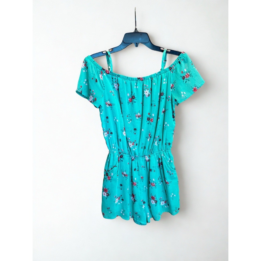 Abercrombie Kids Green Floral Flower Romper Off Shoulder 15/16 Shorts Boho